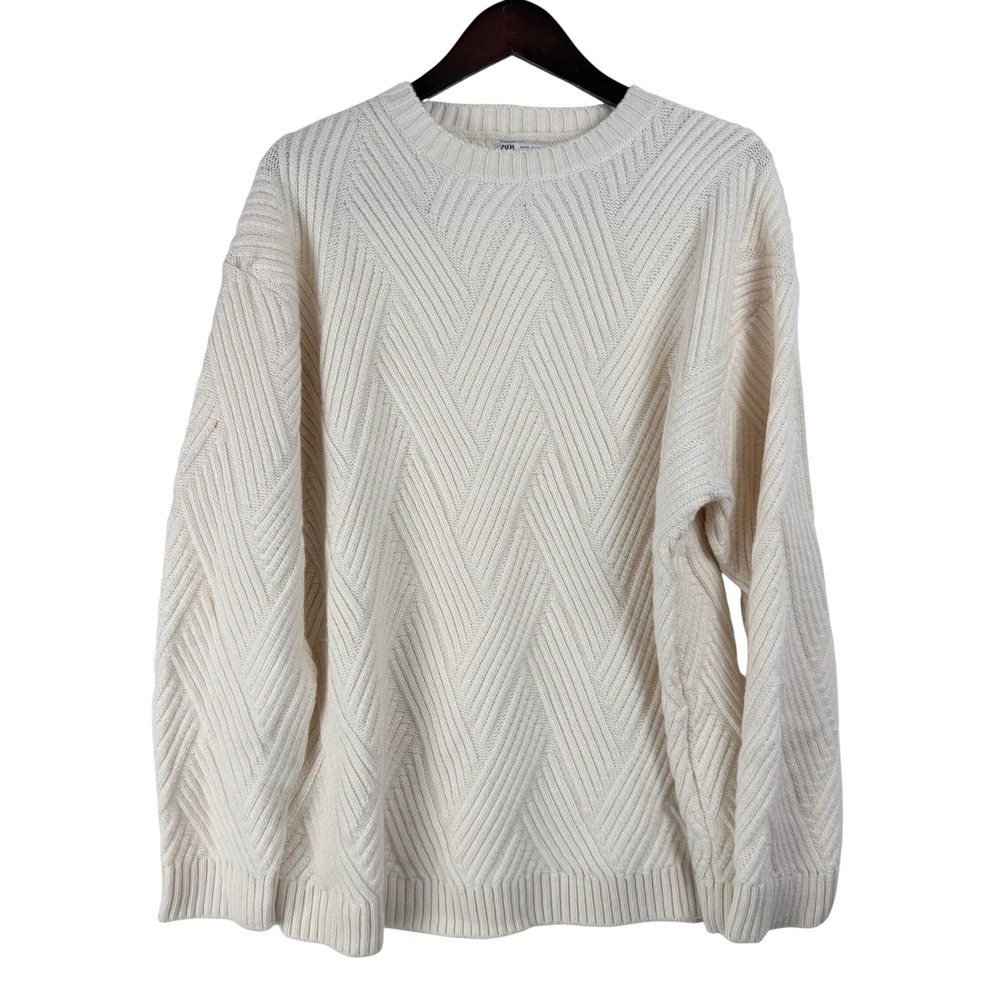 Zara Textured Knit Sweater Mens L Cream Chevron Crewneck Minimalist Old Money
